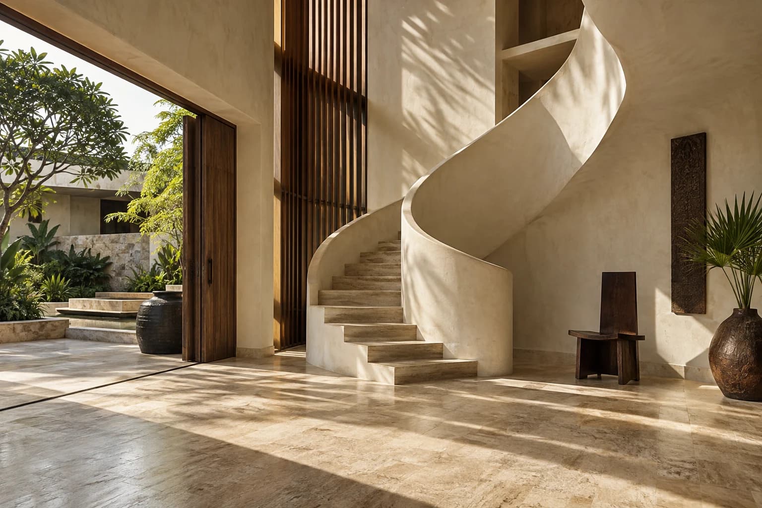Interior concept with a sculptural plaster staircase, timber screens and warm natural light