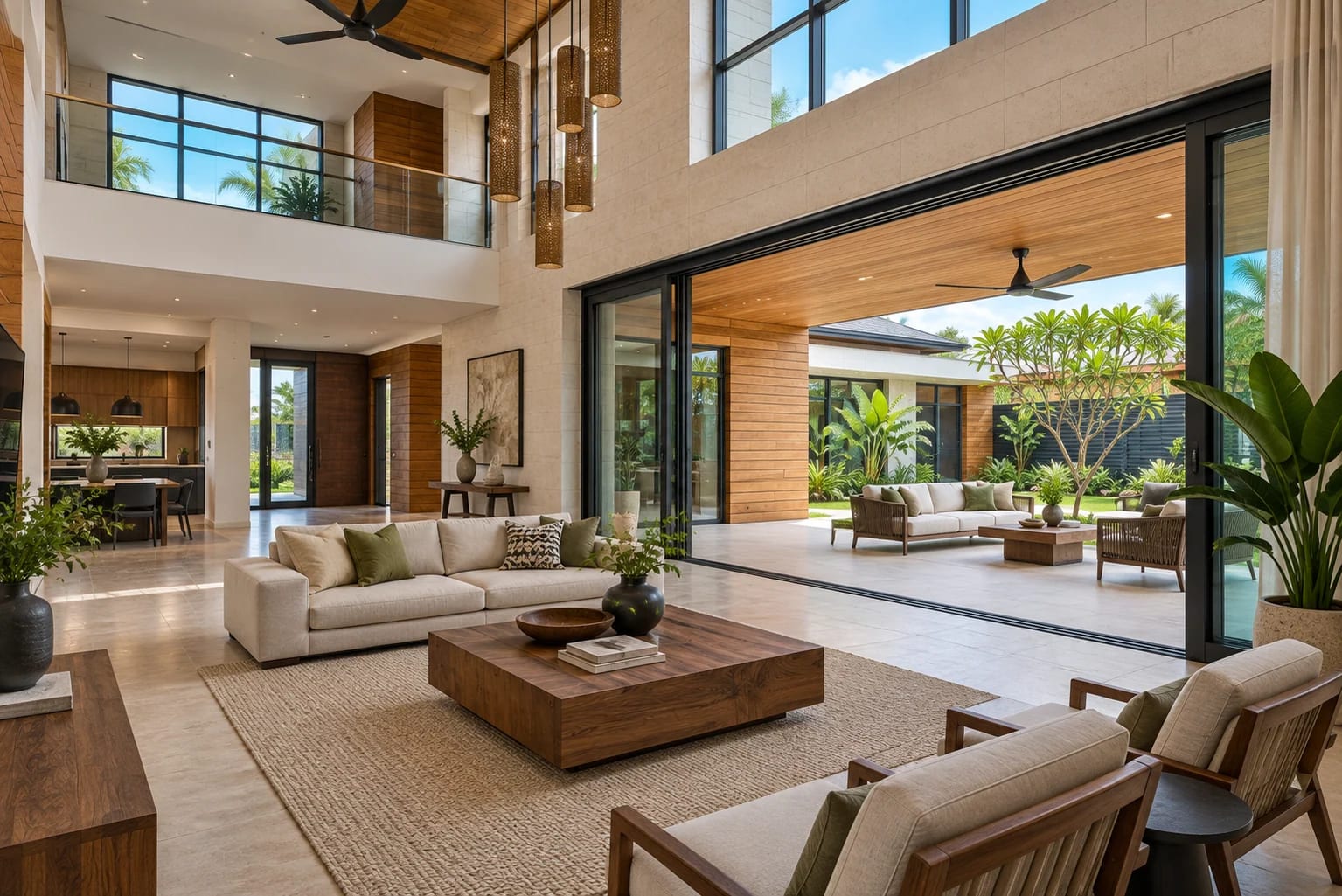 Double-height living room opening onto the courtyard at Banana Island Residence