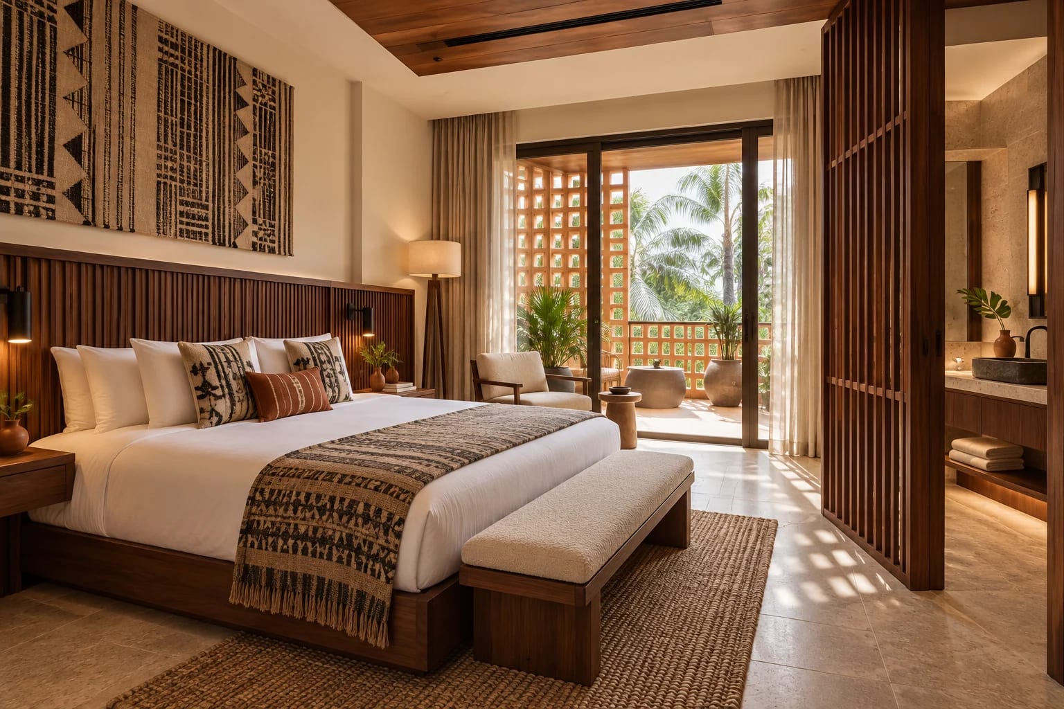 Harbourline Hotel guest room with hardwood screens and Nigerian textiles