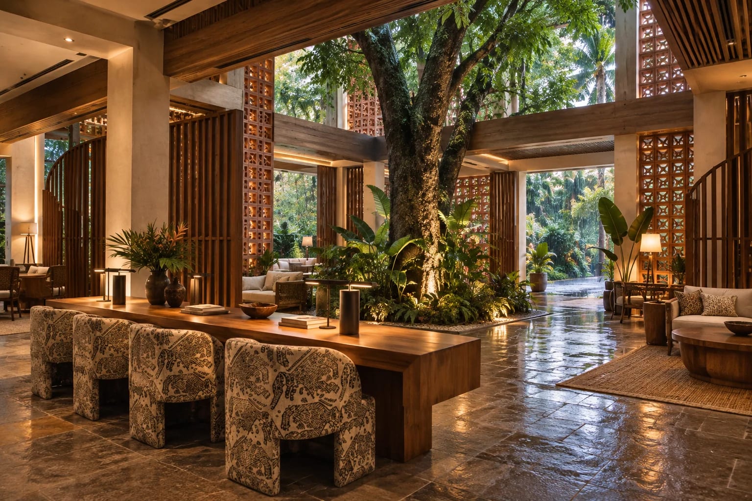 Harbourline Hotel lobby arranged around a mature tropical tree