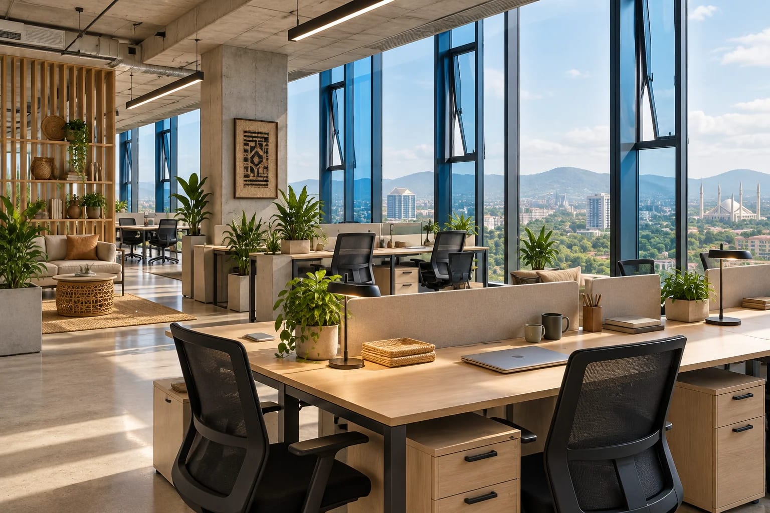 Daylit office floor inside Meridian Tower with timber finishes and city views