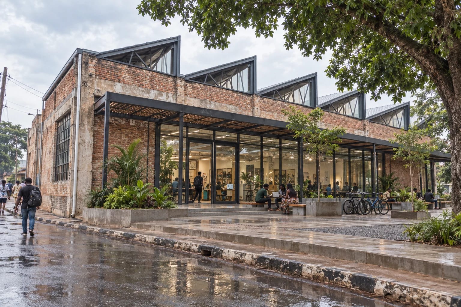 Restored warehouse exterior of Ogui Innovation Hub after rain in Enugu