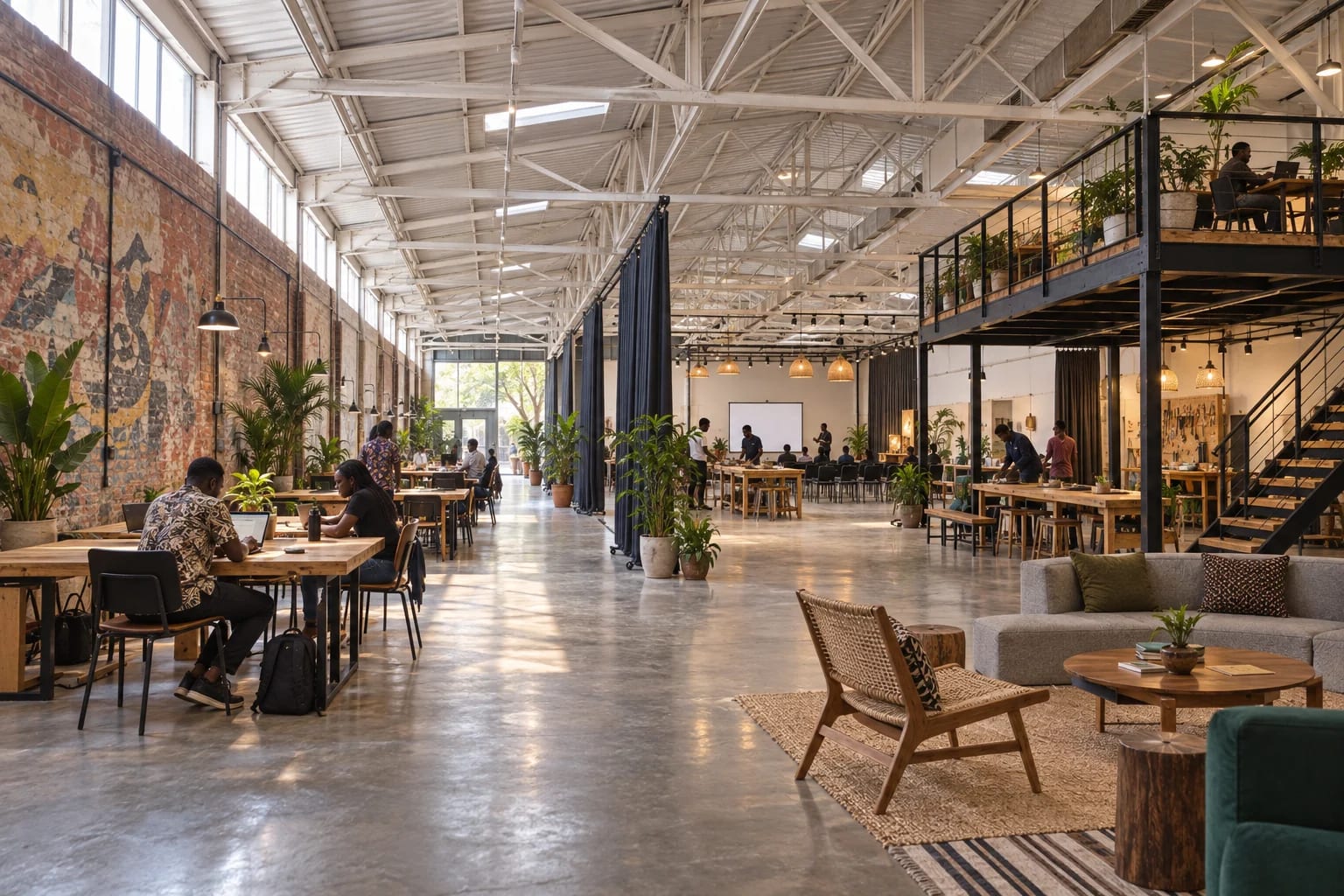 Flexible shared workspace beneath retained steel trusses at Ogui Innovation Hub