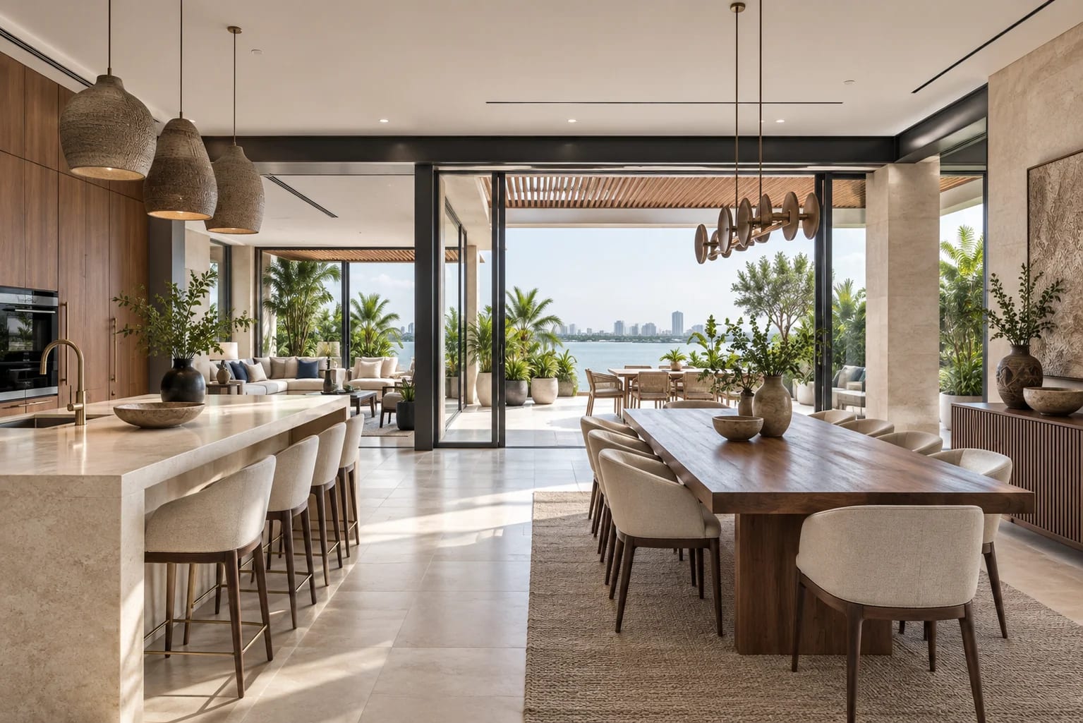 Open kitchen and dining room facing a planted terrace at Oniru Penthouse