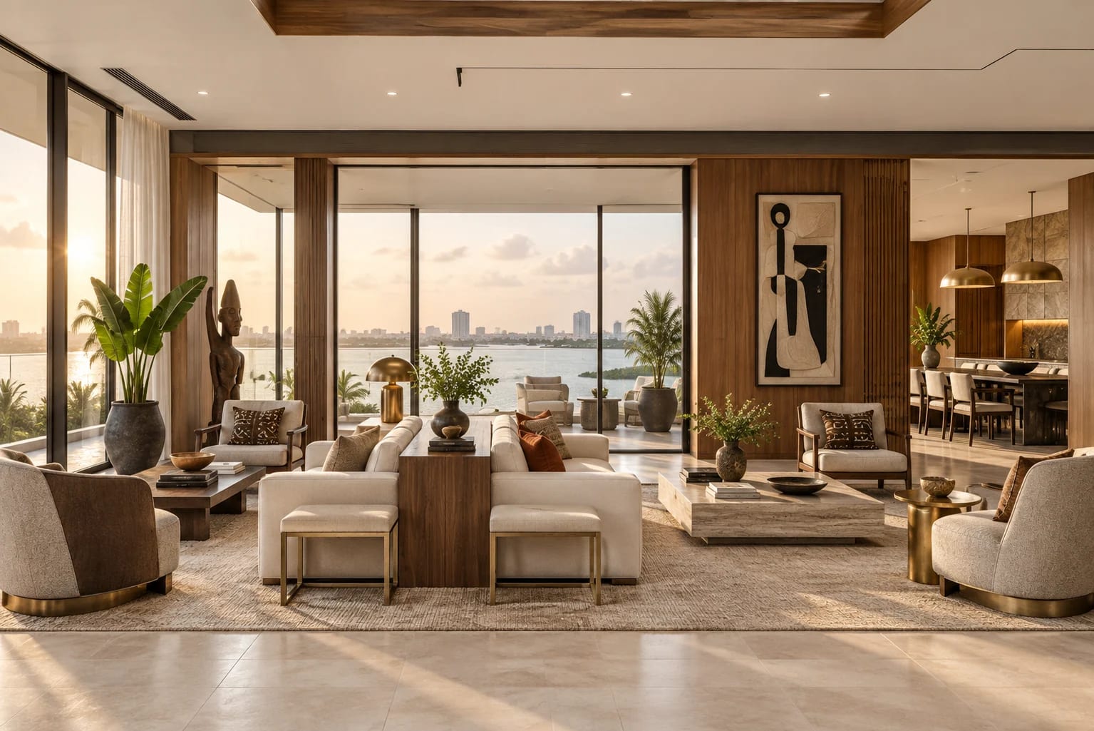 Warm contemporary Lagos penthouse interior facing the lagoon