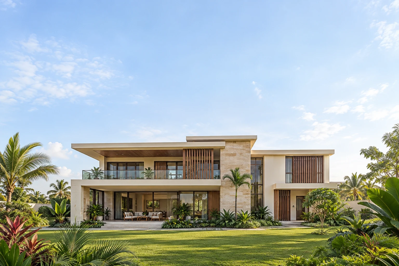 Contemporary Nigerian garden residence with pale stone, shaded verandas and tropical planting beneath a generous blue morning sky