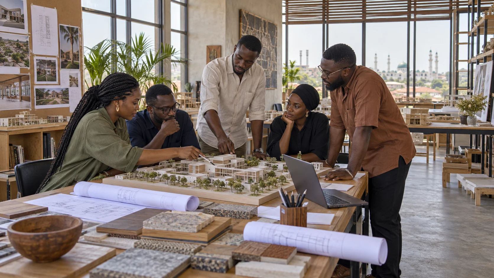 Nigerian architects and construction professionals working around a model in an Ilorin design studio