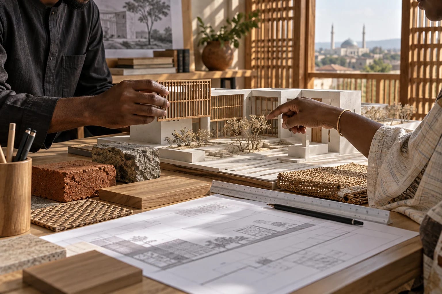 Architectural model, drawings and Nigerian material samples on the Ilorin studio table