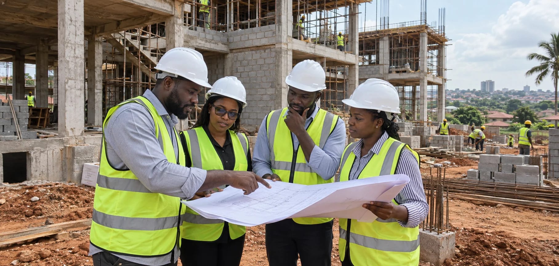 DICKALO architects and construction professionals reviewing drawings on a Nigerian building site